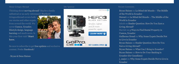 Google AdSense Display Ad Shown in the site footer of Gringos Abroad. Product displayed is GoPro Camera.